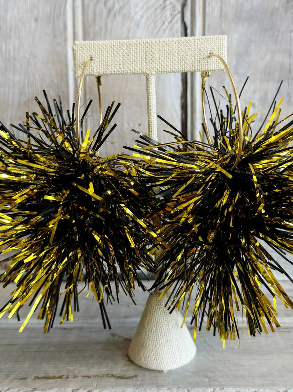 Black And Gold Saints Pom Pom Hoop Earrings