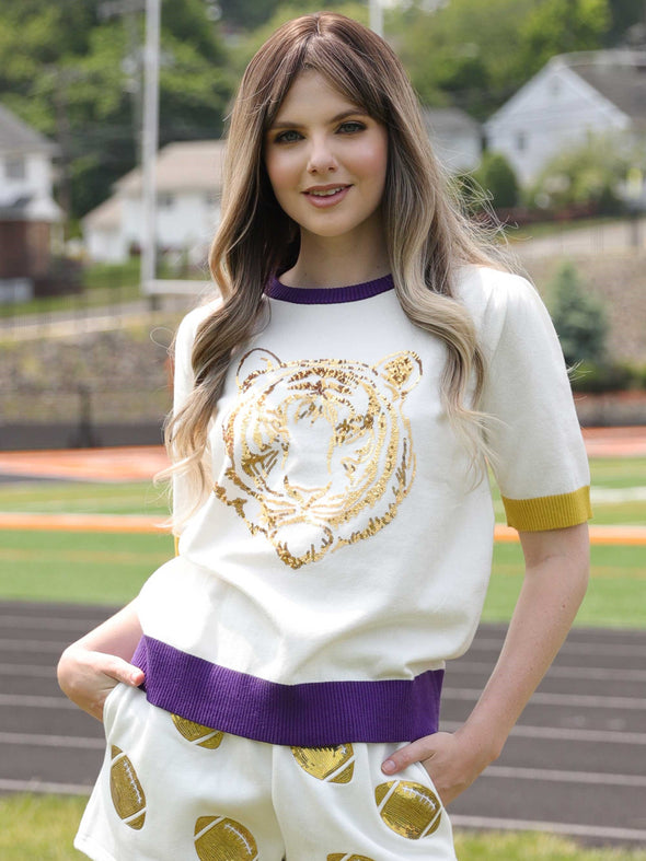 Tiger Sequin Short Sleeve Knit Sweater