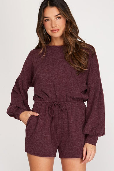 Long Puff Sleeve Knit Romper With Pockets