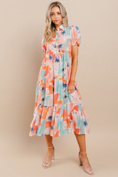 Floral Printed Collared Midi Shirt Dress