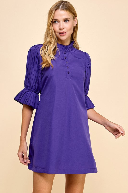 Purple Pleated Detail Shift Dress