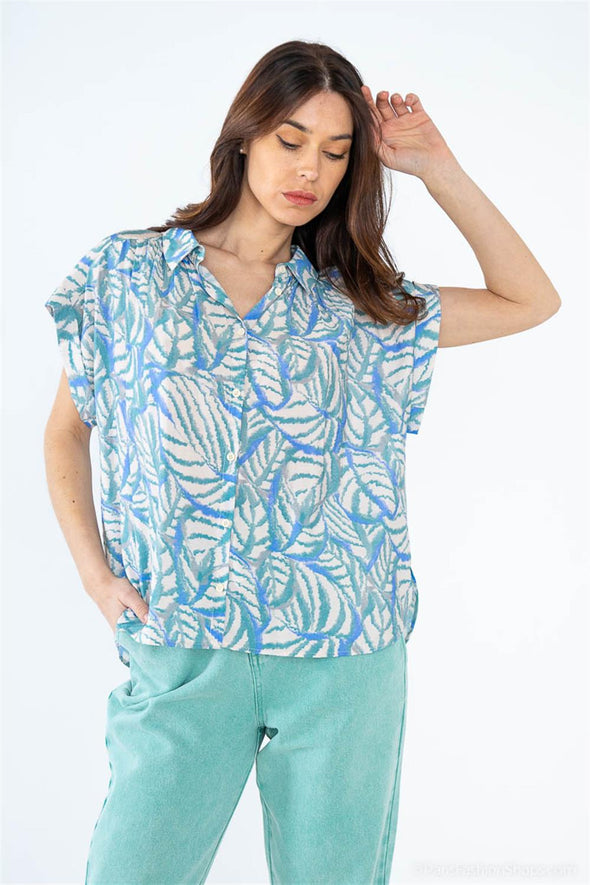 Water Color Green Button Down Top