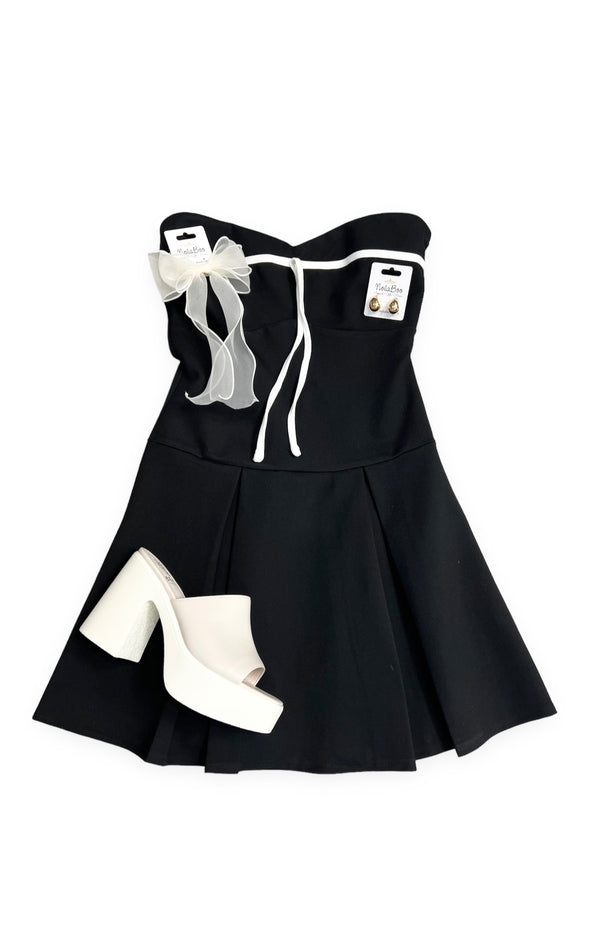 Black Bow Dress with Pleated Skirt Detail
