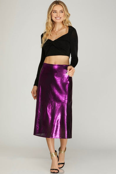 Metallic Knit Midi Skirt With Side Slit