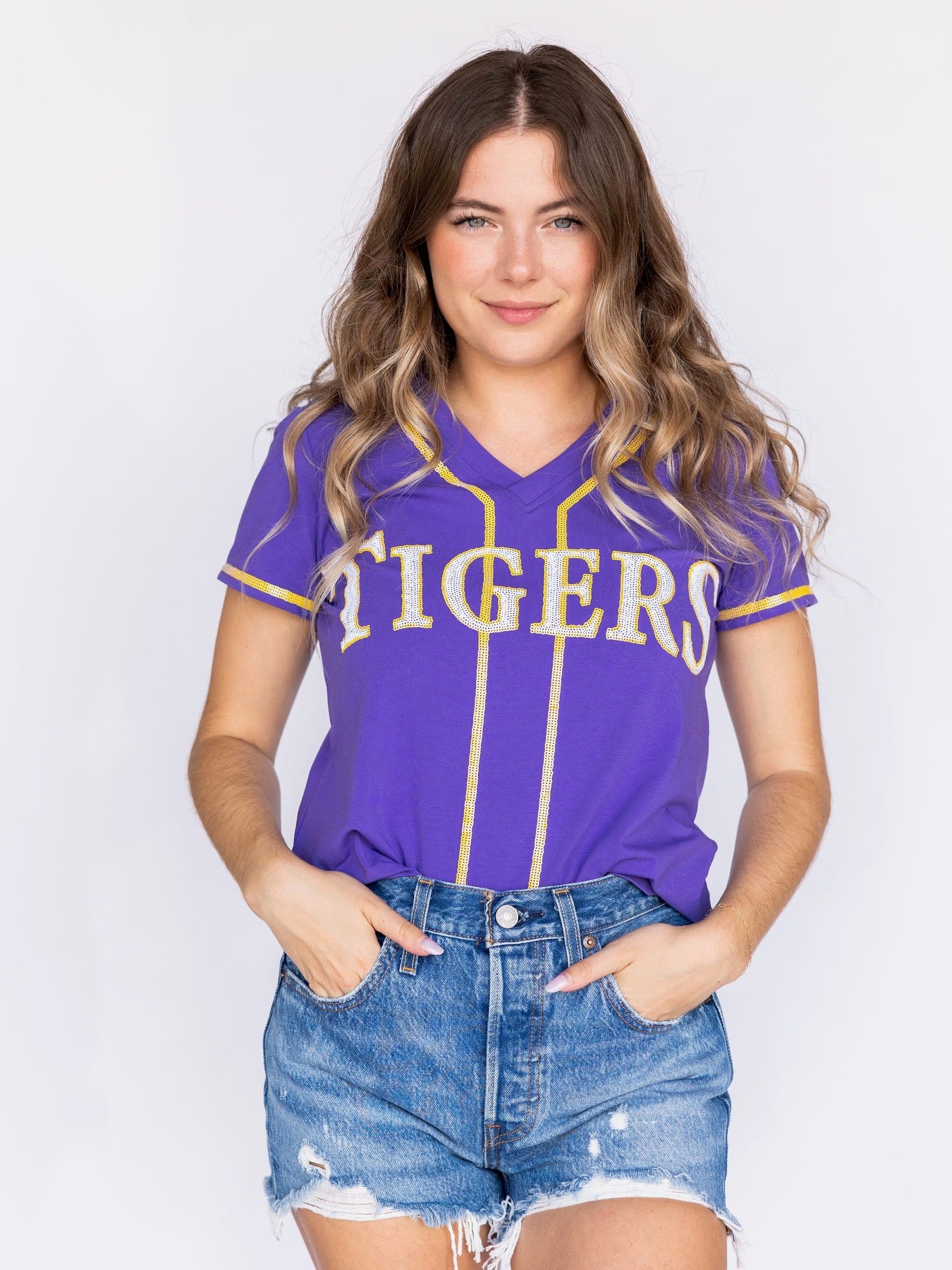 Sparkle Slugger TIGERS Pinstripe Jersey Tee- LSU