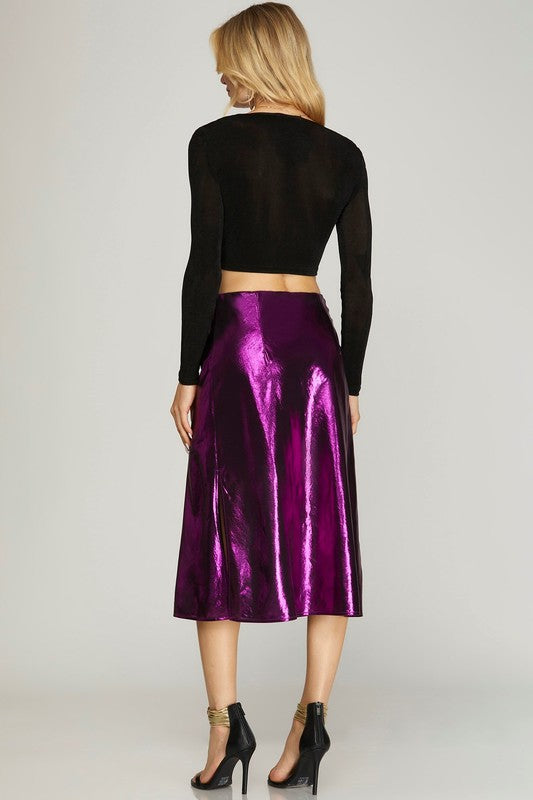 Metallic Knit Midi Skirt With Side Slit