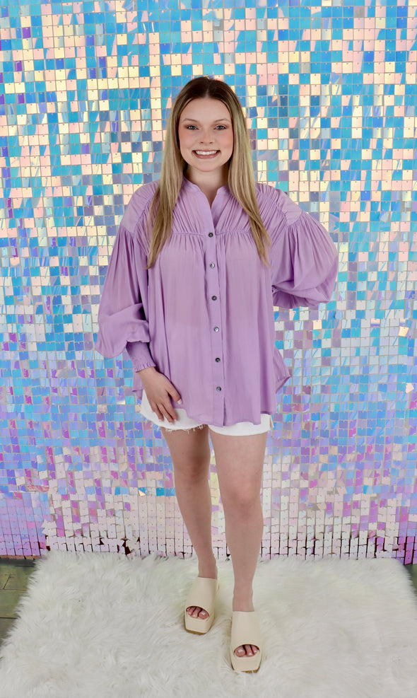 Lavender Solid V Neck Button Up Long Sleeve Blouse