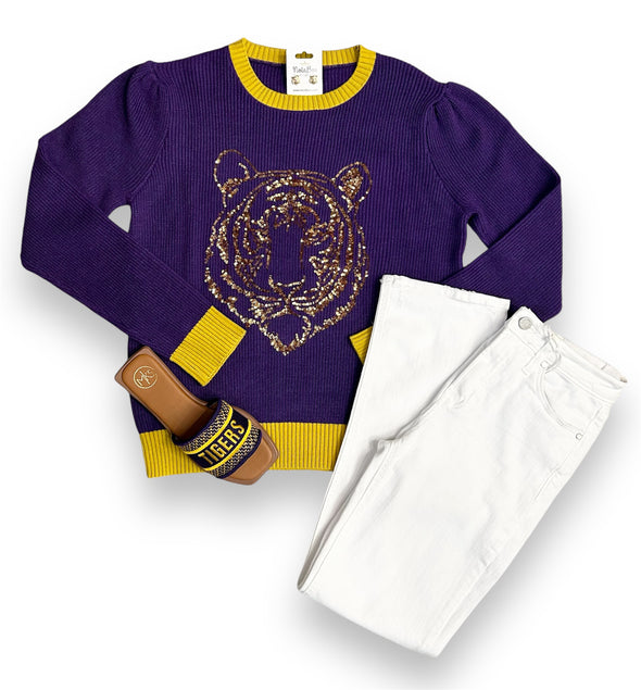 Purple And Yellow Sequin Tiger Knit Long Sleeve Sweater