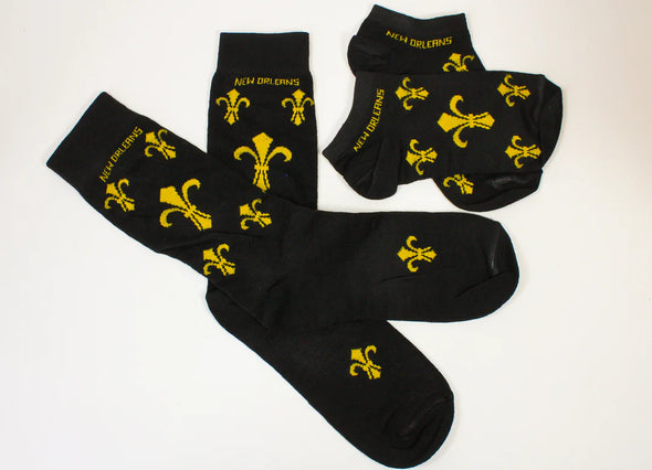 Adult Gold Fleur de Lis Black Socks In Regular Or Ankle Length