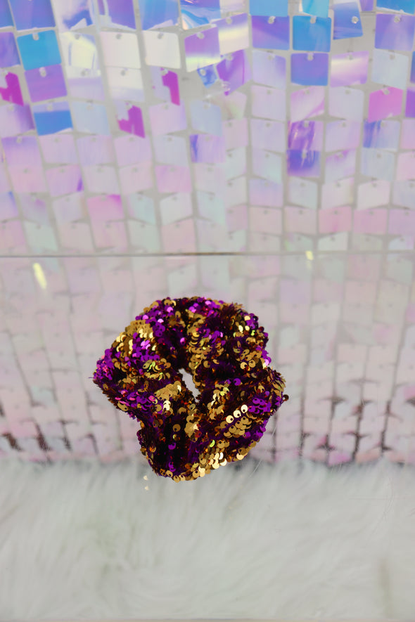 Reversible Sequin Scrunchie In Gold Or Purple/Gold