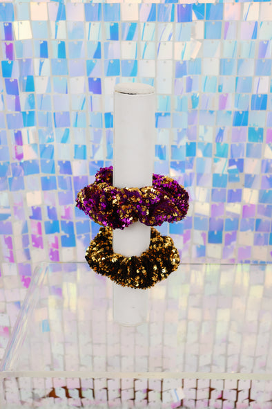 Reversible Sequin Scrunchie In Gold Or Purple/Gold