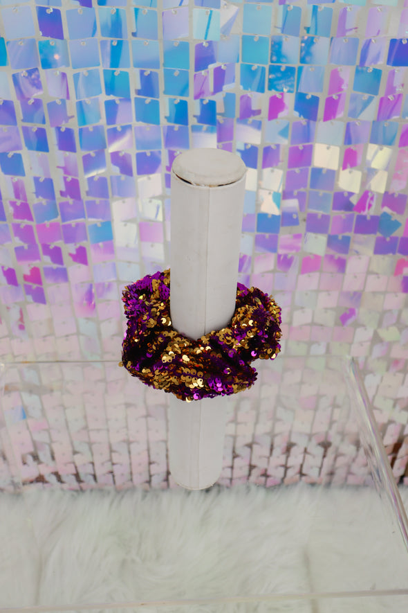 Reversible Sequin Scrunchie In Gold Or Purple/Gold