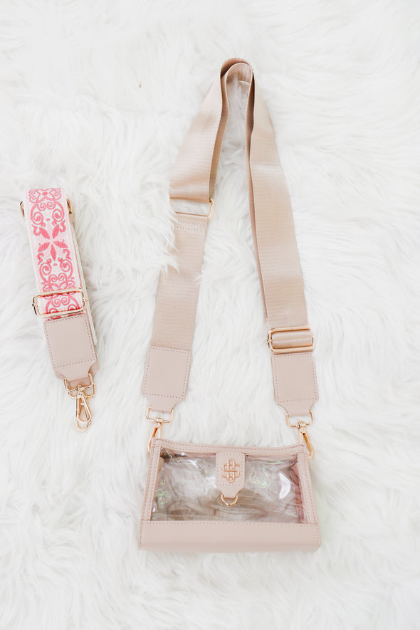 Clear Shoulder Purse With Leather Trim In Almond Or Black