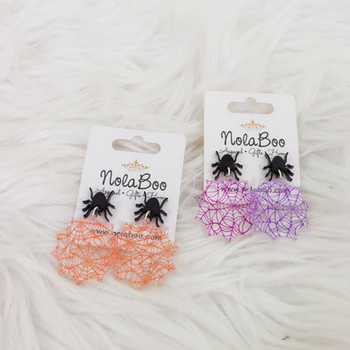 Acrylic Spider Web Earrings In Orange Or Purple