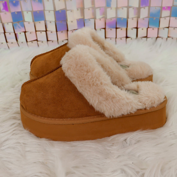 Brown Platform Sherpa Slippers