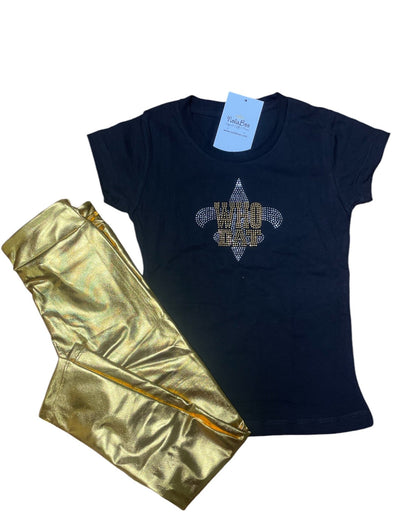 Youth Rhinestone Gold Fleur De Lis New Orleans Princess Cut T Shirt