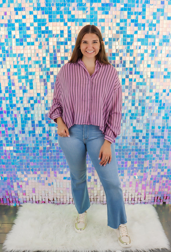 Purple Cabana Striped Long Sleeve Button Down Top