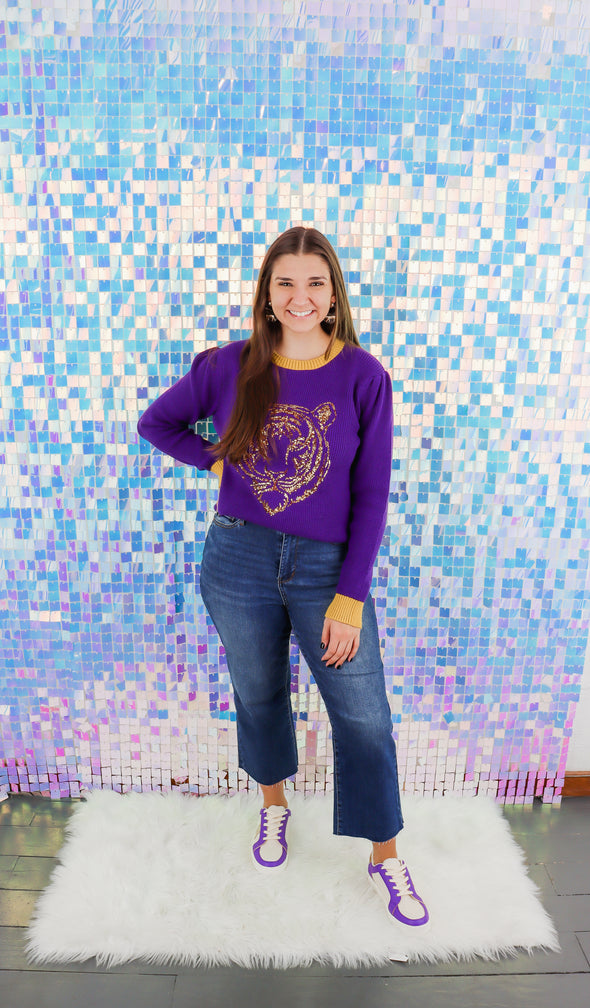 Purple And Yellow Sequin Tiger Knit Long Sleeve Sweater