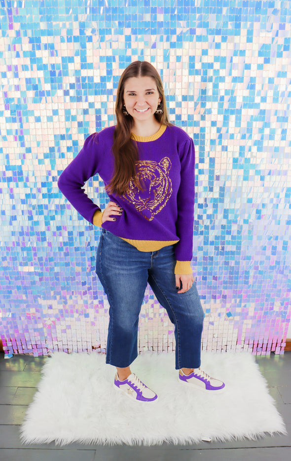 Purple And Yellow Sequin Tiger Knit Long Sleeve Sweater