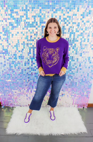 Purple And Yellow Sequin Tiger Knit Long Sleeve Sweater