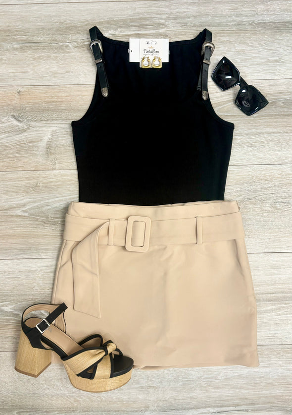 Belted Low Waist Skort in Beige