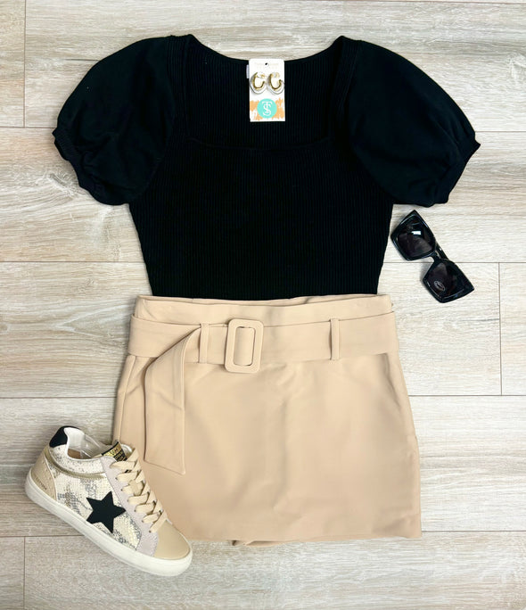 Belted Low Waist Skort in Beige