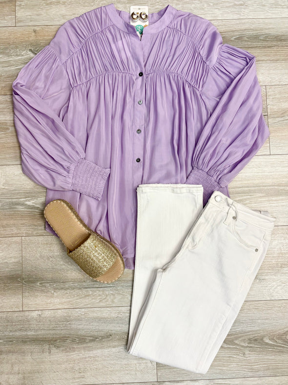 Lavender Solid V Neck Button Up Long Sleeve Blouse