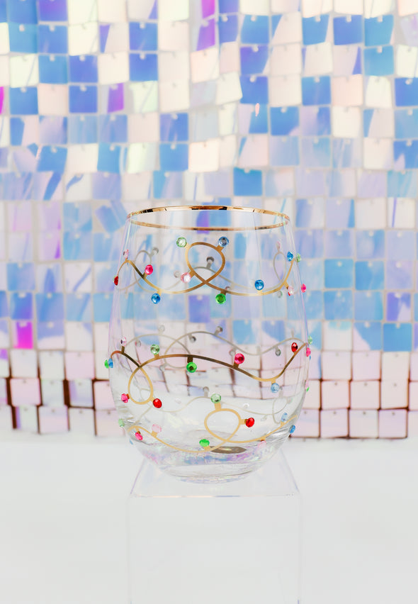 Rhinestone Christmas Lights Stemless Wine Glass