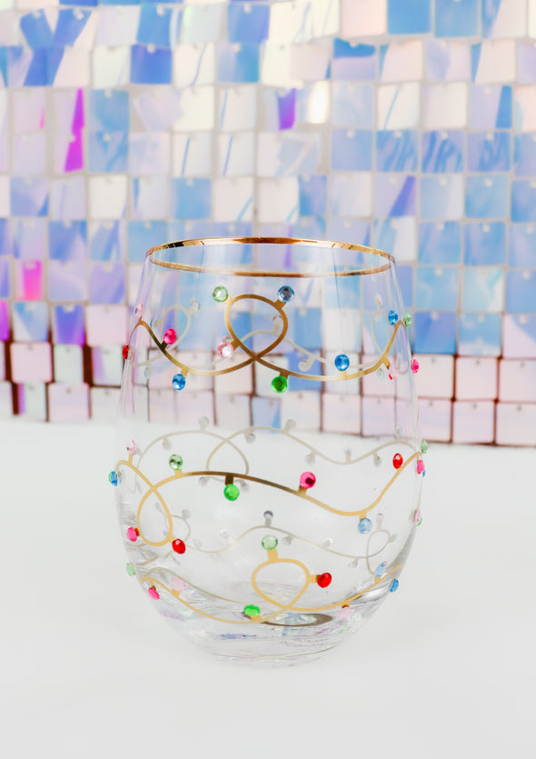 Rhinestone Christmas Lights Stemless Wine Glass