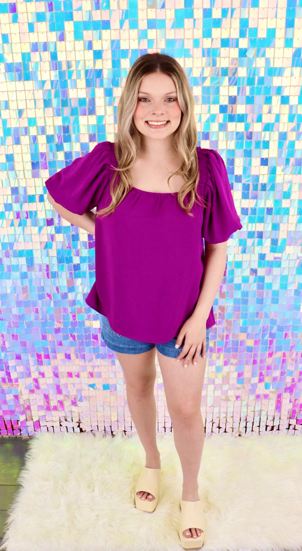 Puff Sleeve Square Neck Woven Top in Purple Or Red (S-2X)