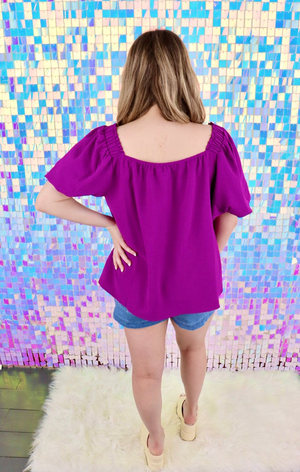 Puff Sleeve Square Neck Woven Top in Purple Or Red (S-2X)