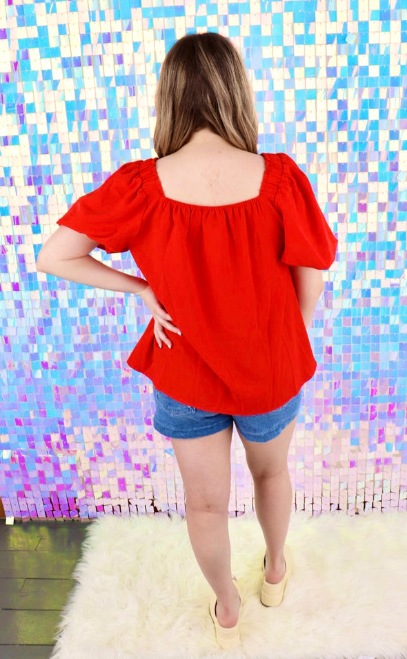 Puff Sleeve Square Neck Woven Top in Purple Or Red (S-2X)