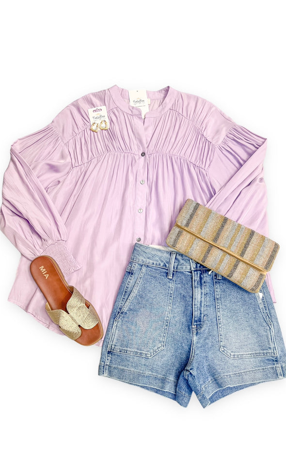 Lavender Solid V Neck Button Up Long Sleeve Blouse