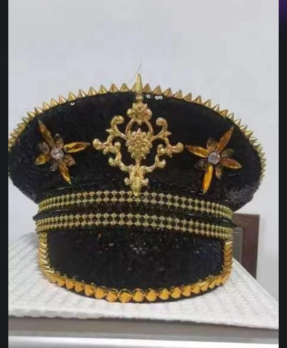 Black and Gold Sequin Rhinestone Captain Hat