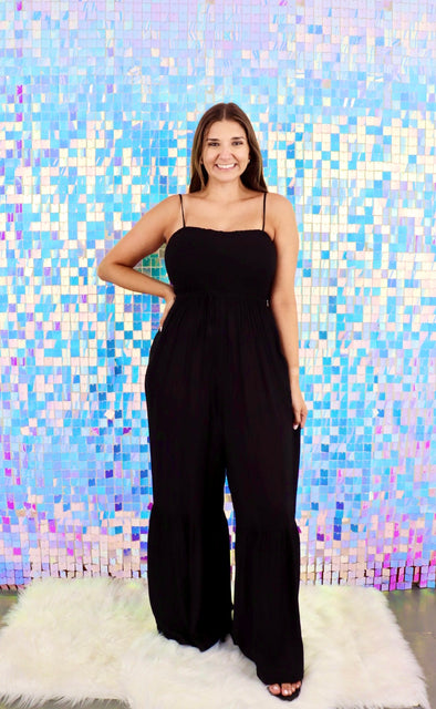 Black Smocked Strappy Tiered Jumpsuit