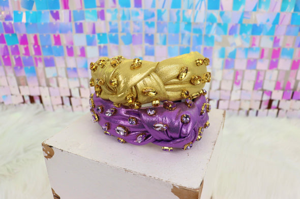 Brianna Cannon Shimmer Headband with Hand Sewn Crystals in Yellow or Purple