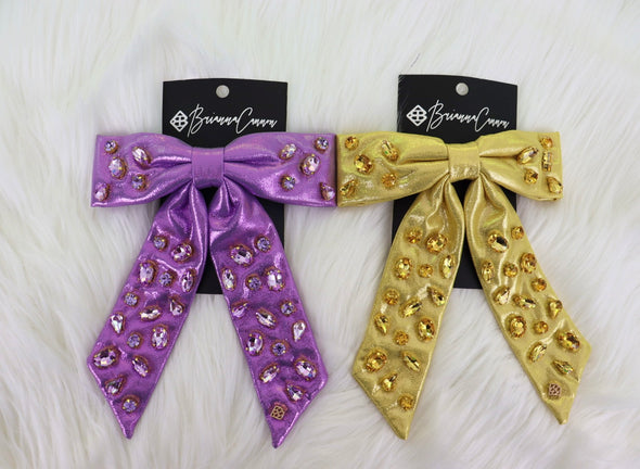 Brianna Cannon Shimmer Bow Barrette in Purple or Yellow with Hand Sawn Crystals