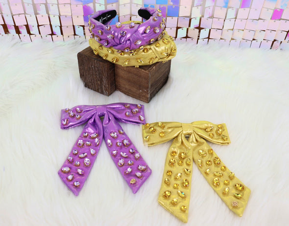 Brianna Cannon Shimmer Bow Barrette in Purple or Yellow with Hand Sawn Crystals