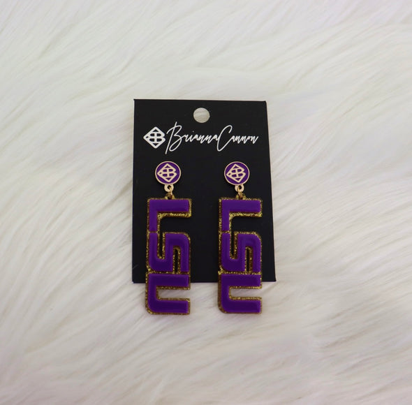 Brianna Cannon Purple and Gold Glitter LSU Earrings