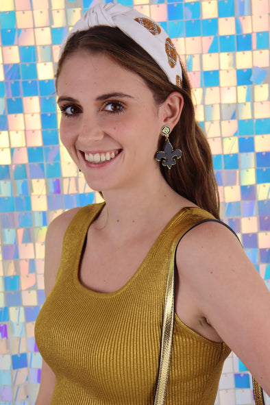 Brianna Cannon Black and Gold Fleur De Lis Dangle Earrings