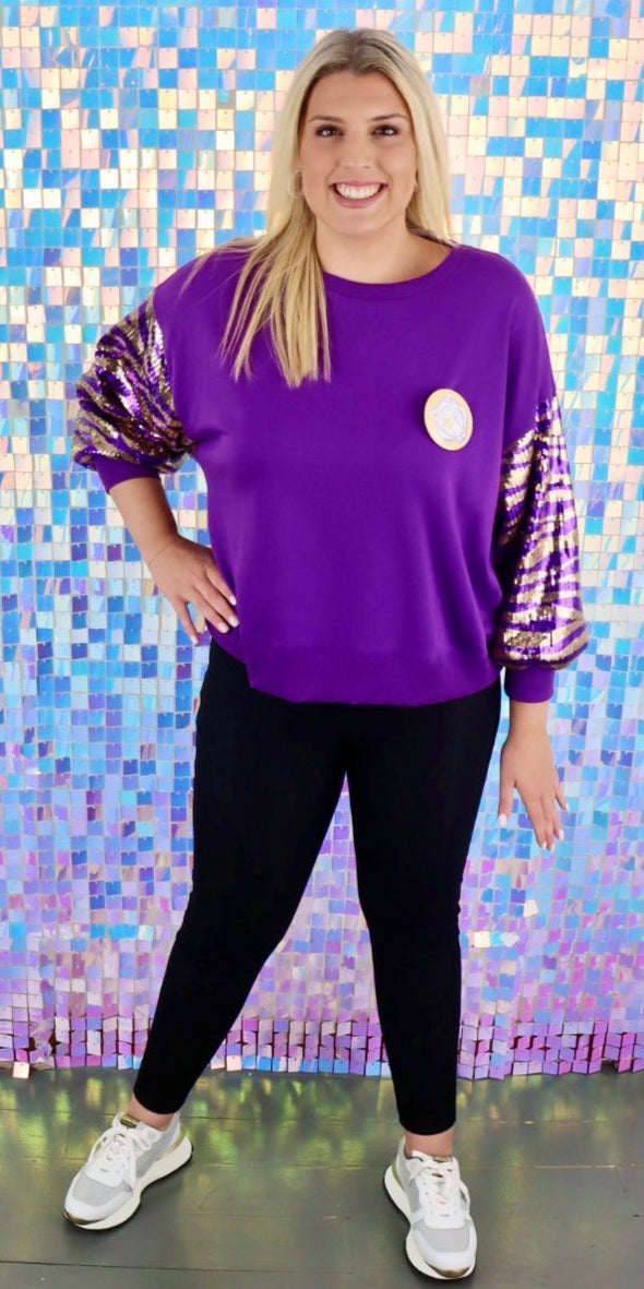 Millie Sequin Tiger StripeSweatshirt in Purple and Gold (S-XXL)