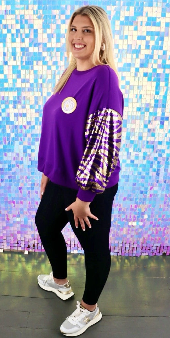 Millie Sequin Tiger StripeSweatshirt in Purple and Gold (S-XXL)