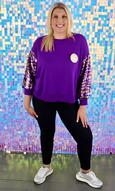 Millie Sequin Tiger StripeSweatshirt in Purple and Gold (S-XXL)