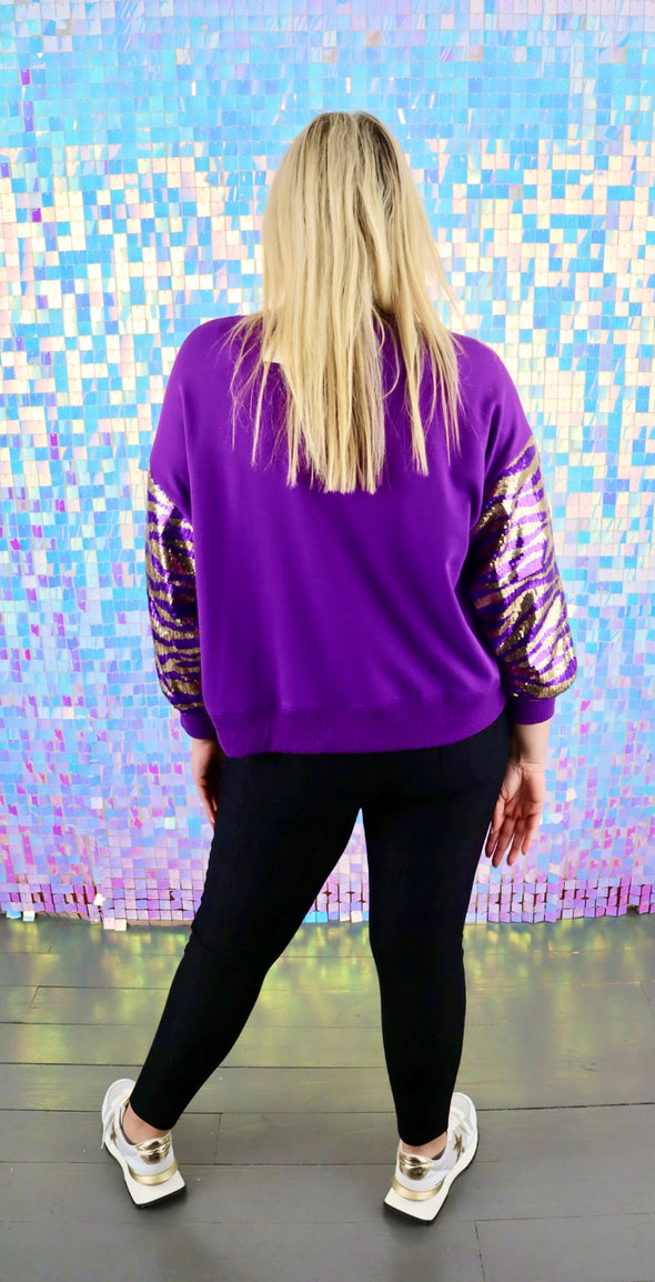 Millie Sequin Tiger StripeSweatshirt in Purple and Gold (S-XXL)