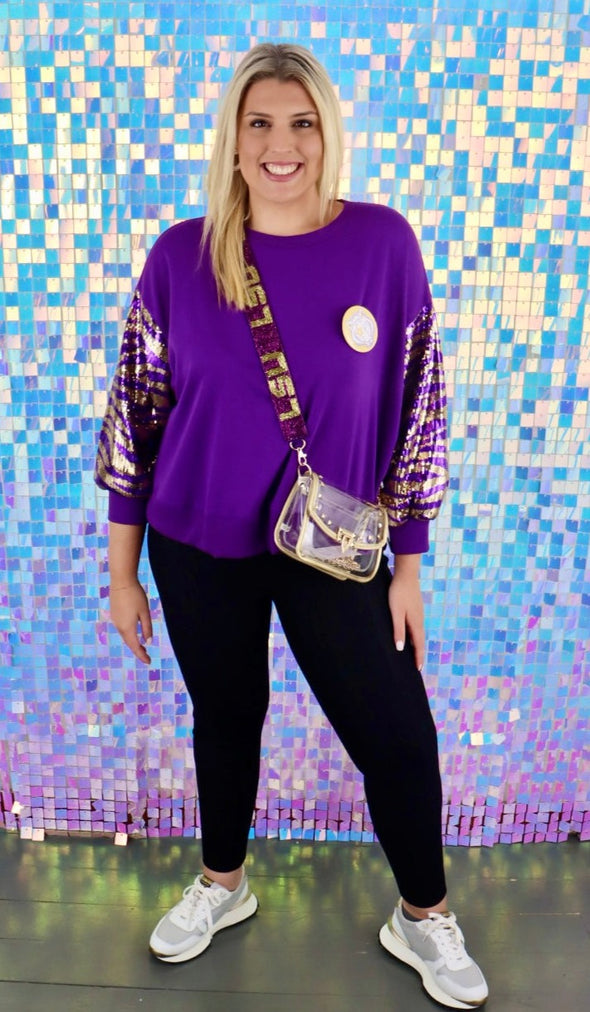 Millie Sequin Tiger StripeSweatshirt in Purple and Gold (S-XXL)