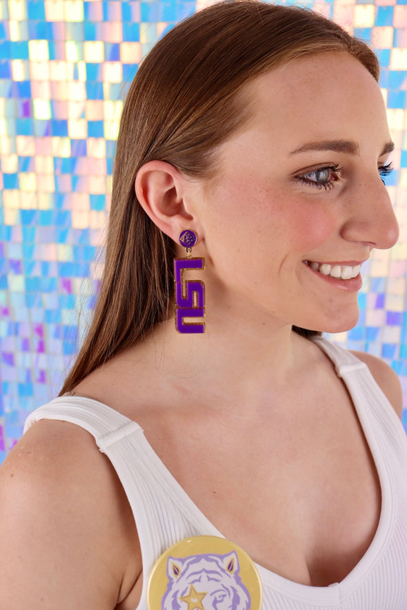 Brianna Cannon Purple and Gold Glitter LSU Earrings