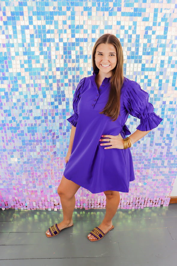 Purple Pleated Detail Shift Dress