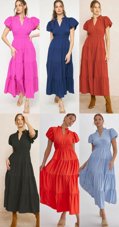 V Neck Bubble Sleeve Tiered Midi Dress In 5 Colors