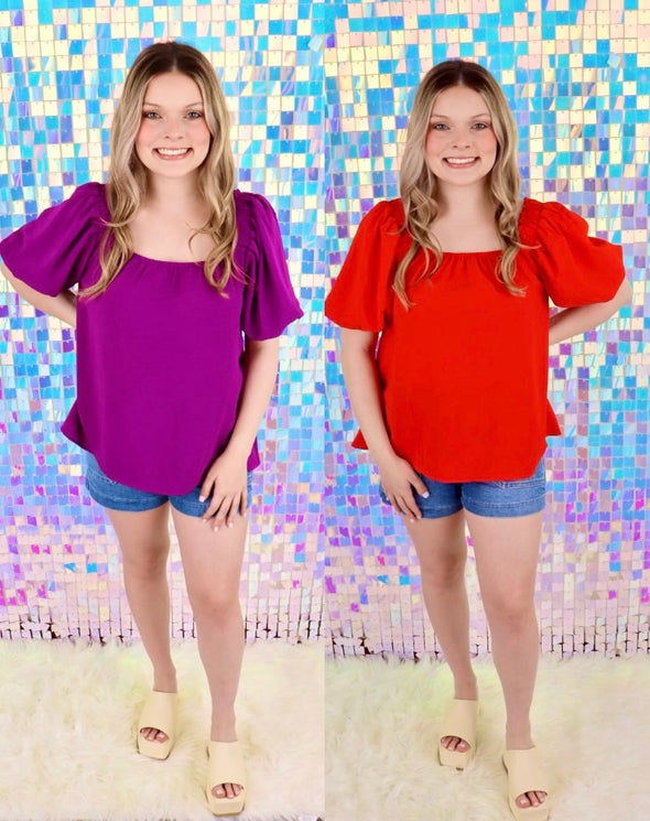 Puff Sleeve Square Neck Woven Top in Purple Or Red (S-2X)