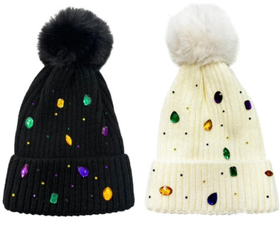 Mardi Gras Rhinestone Beanie In Black Or White